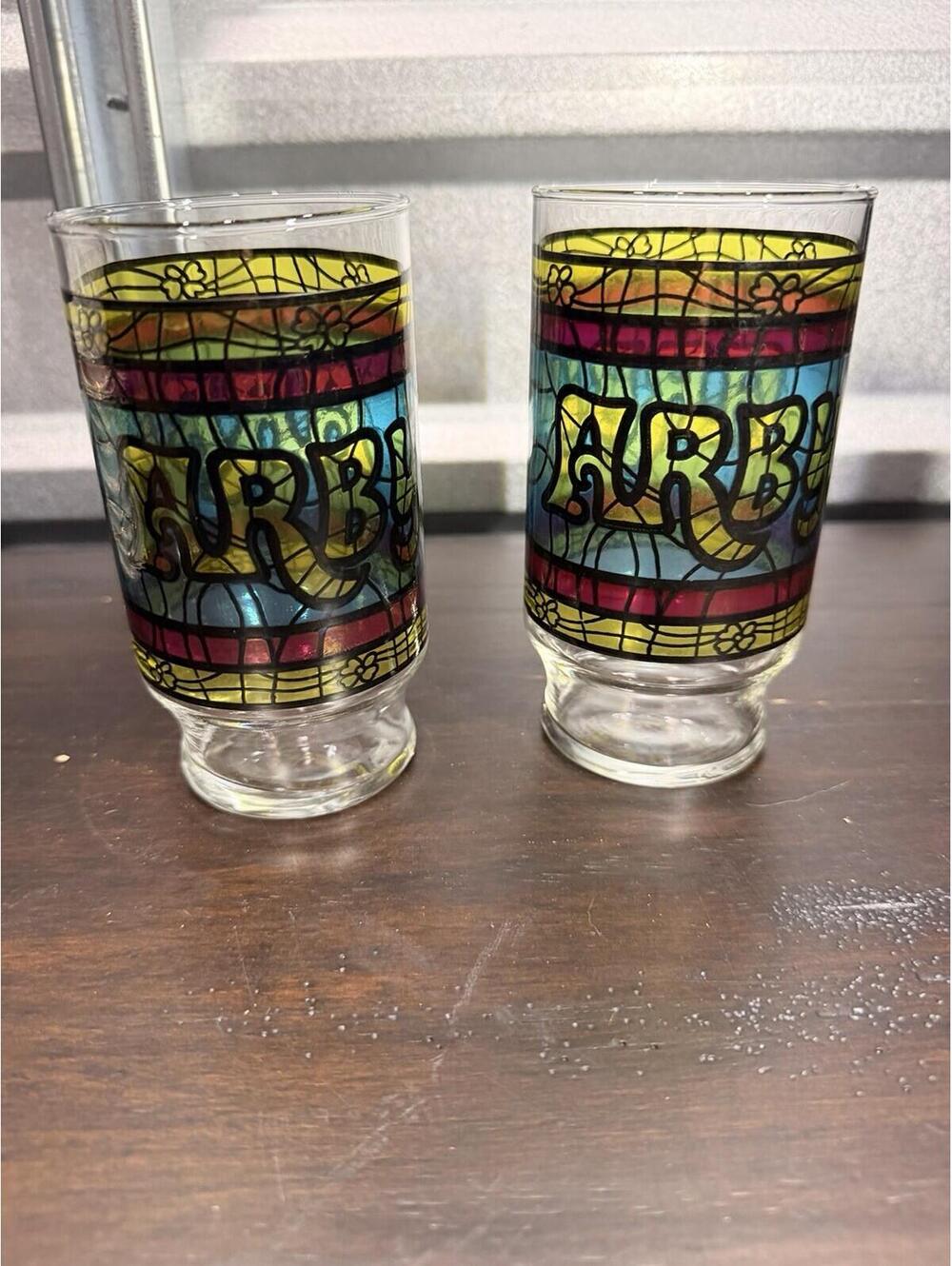 Vintage 70s-80s stained glass Arby's Drinking Tumblers Glasses Set Of 2 *